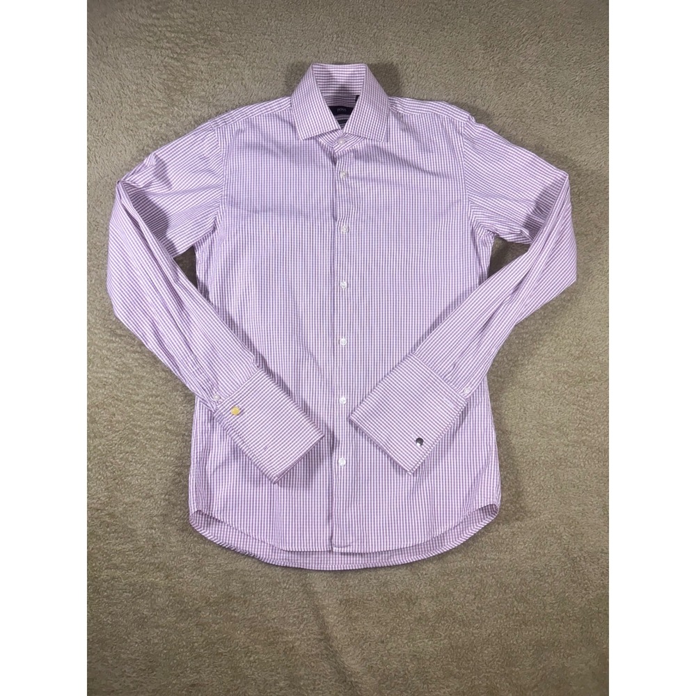 BOSS Hugo Boss Regular Fit Seersucker Pink White Stripe‎ Shirt Men Size 15 34/35